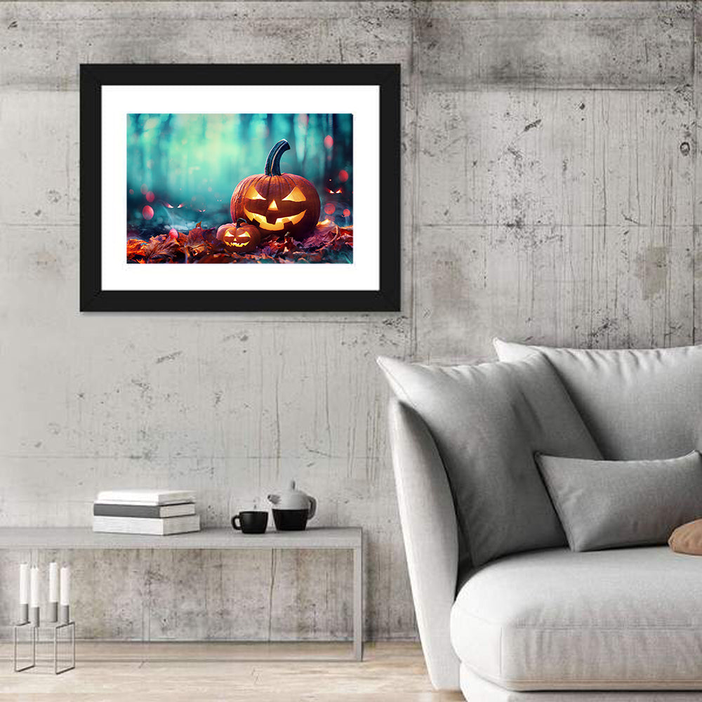 Jack-o'-lanterns at Teal Twilight Wall Art in a room, landscape