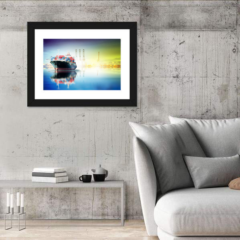 Harbor Cargo Ship with Reflection Wall Art in a room, landscape