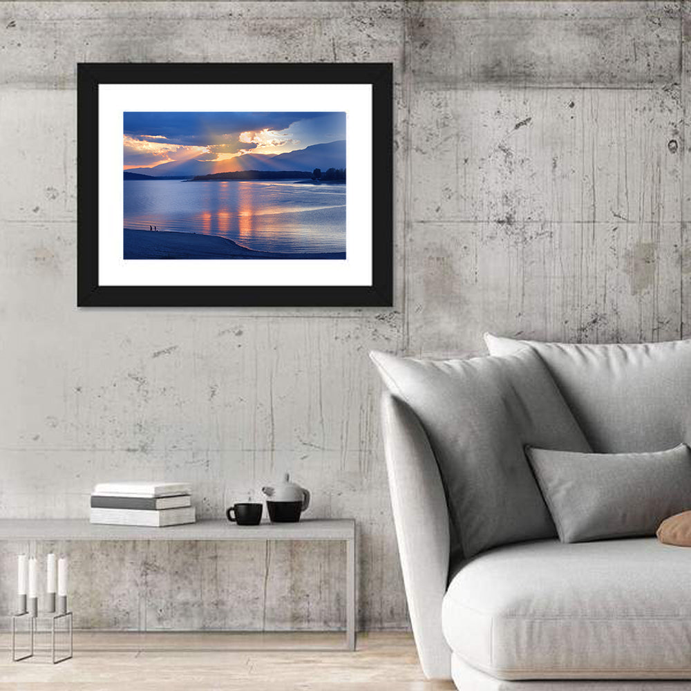 Lake Sunset with Silhouettes Wall Art in a room, landscape