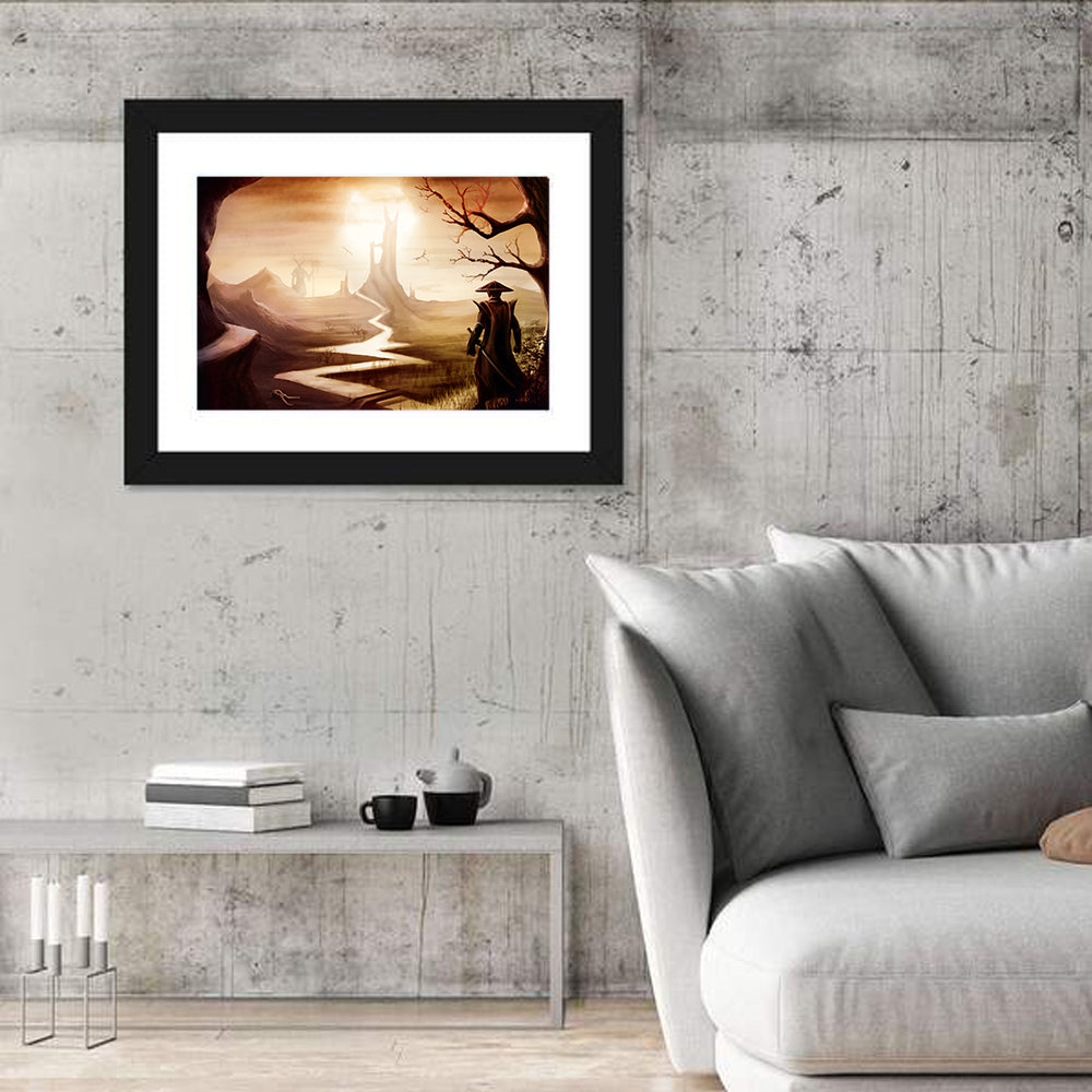 Silhouetted Samurai at Distant Tower Wall Art in a room, landscape