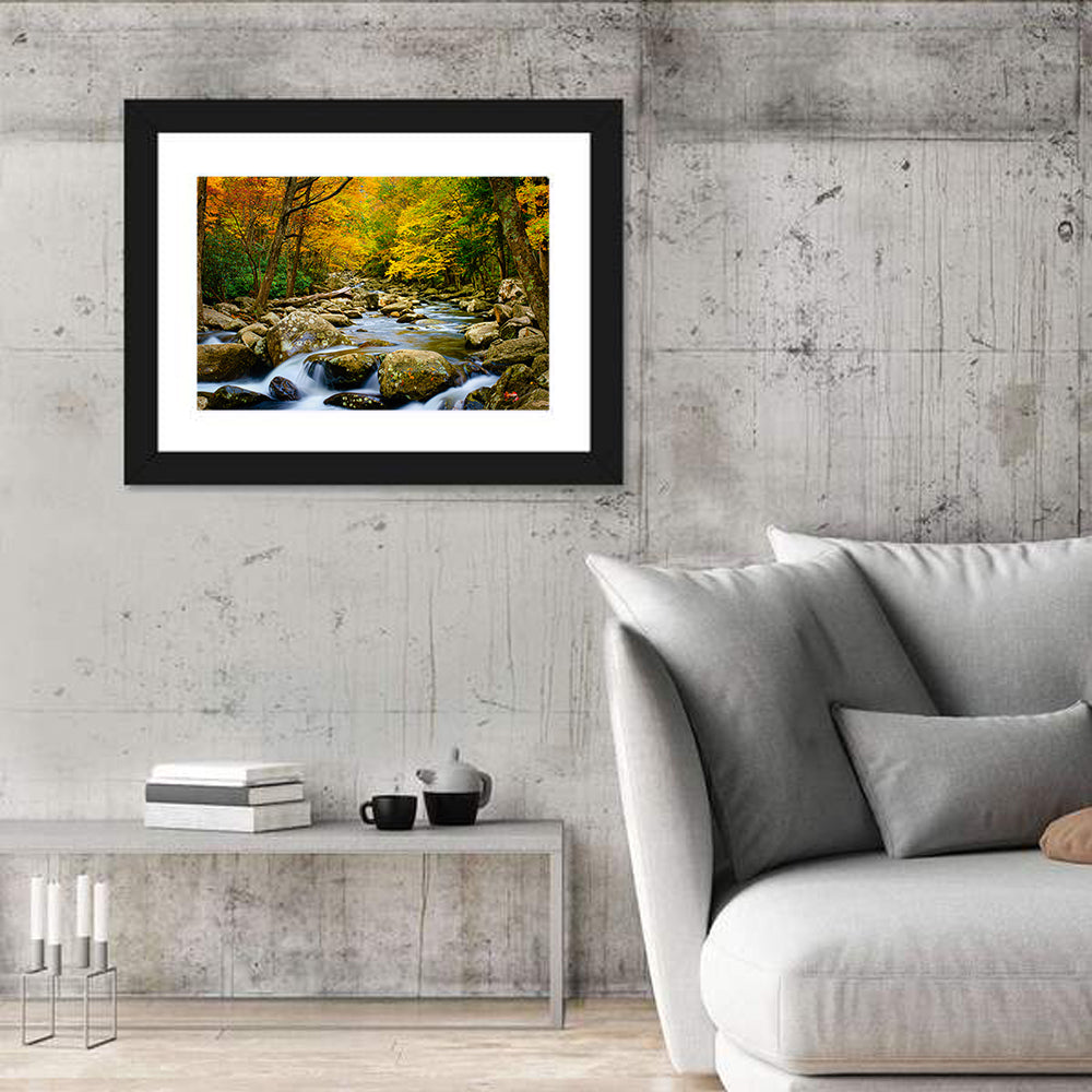 Autumn Stream Through Forest Wall Art in a room, landscape