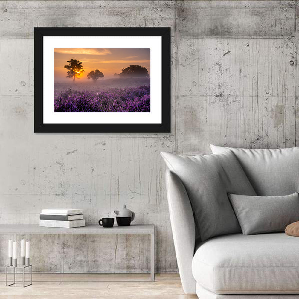 Misty Heather Field at Dawn Wall Art in a room, landscape
