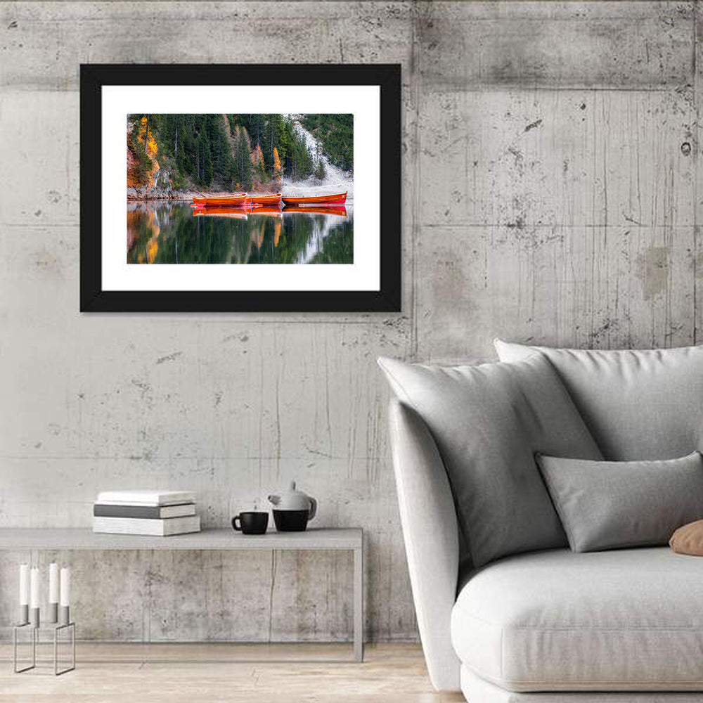 Autumn Rowboats on Mountain Lake Wall Art in a room, landscape