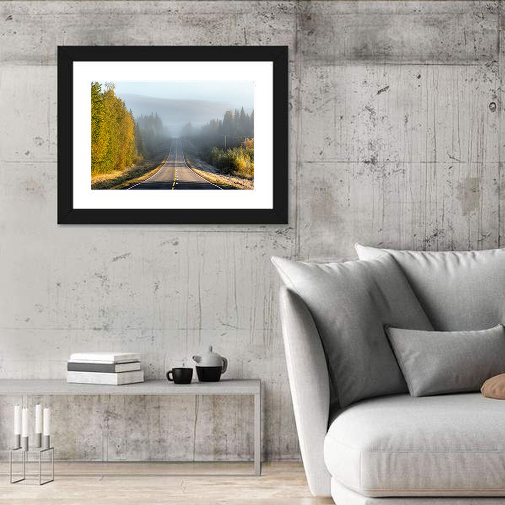 Misty Finnish Forest Highway Wall Art in a room, landscape