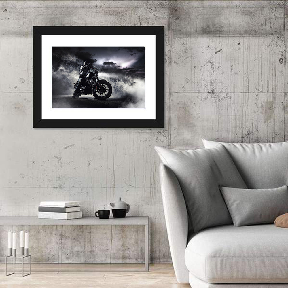 Motorcyclist in Fog at Night Wall Art