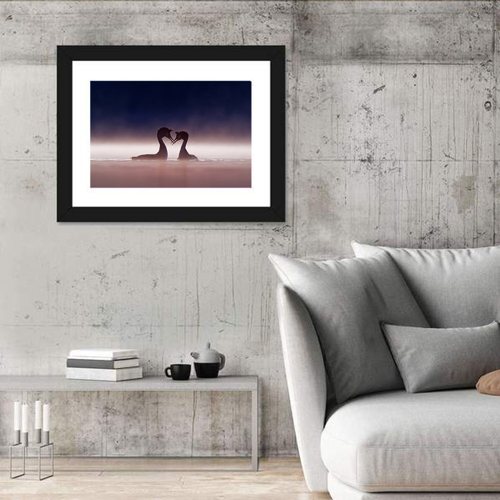 Crested Grebes in Morning Mist Wall Art in a room, landscape
