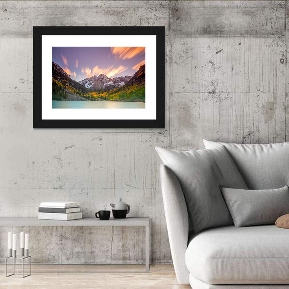 Maroon Bells Sunset Wall Art in a room, landscape