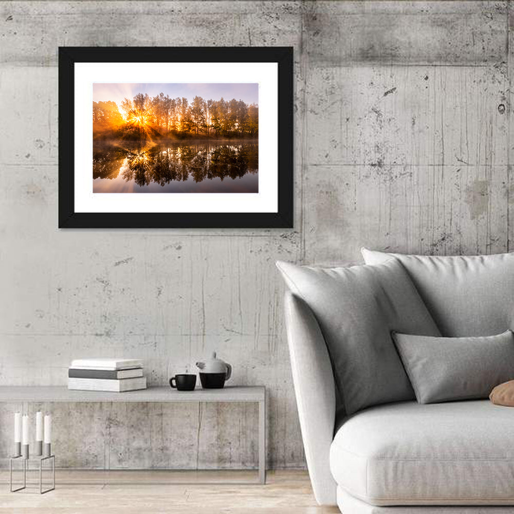 Misty Sunrise Over Pond Wall Art in a room, landscape