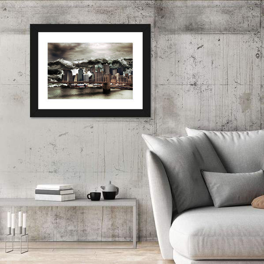 Tsunami Over Manhattan Skyline, Brooklyn Bridge Wall Art in a room, landscape
