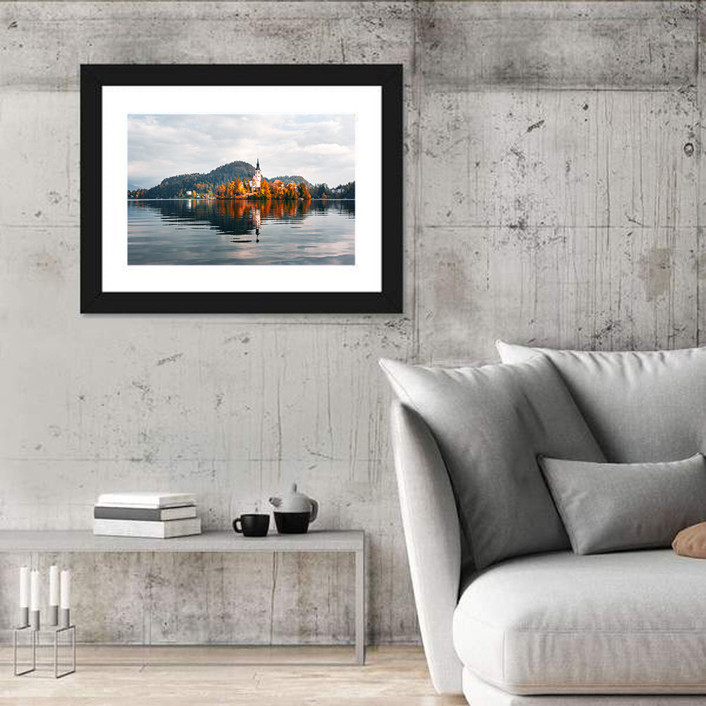 Lake Bled Island Reflection Wall Art in a room, landscape