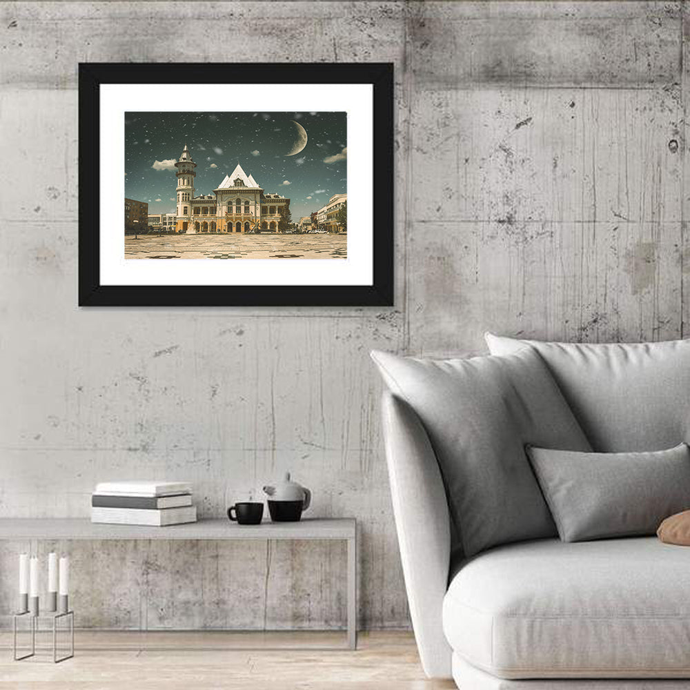 Buzău City Hall Nightscape Wall Art in a room, landscape