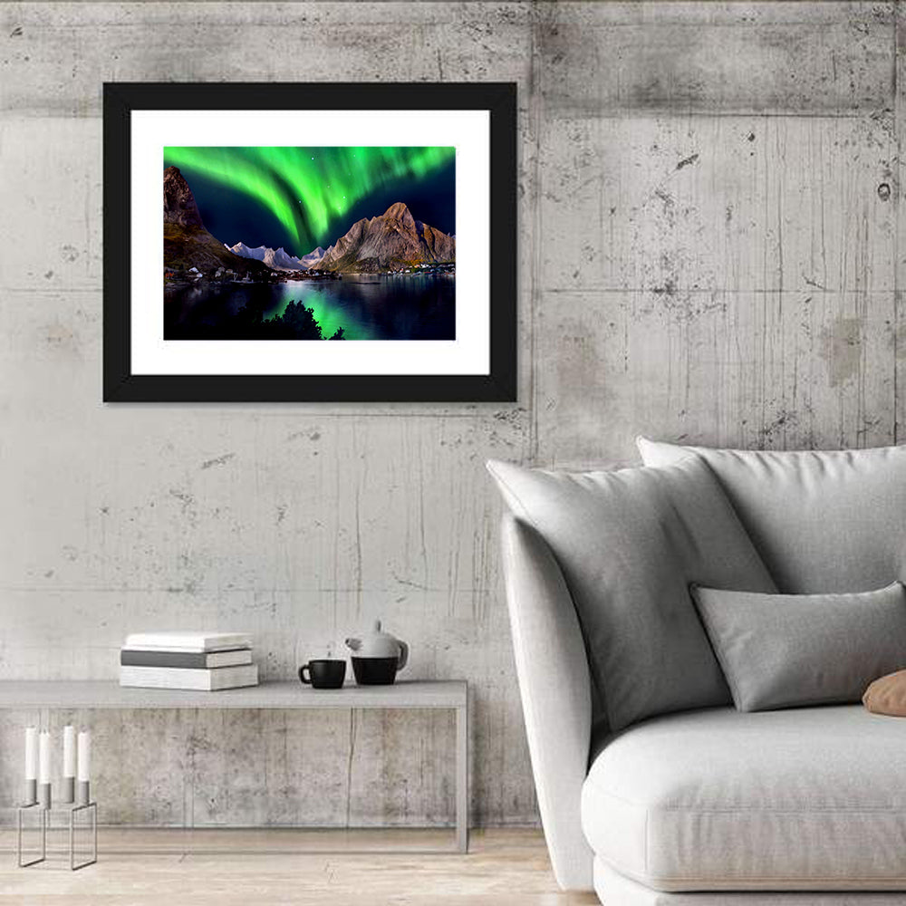 Northern Lights Over Snow Capped Mountains Wall Art in a room, landscape