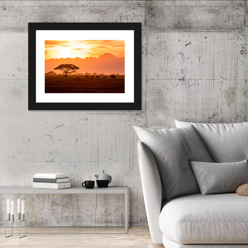 African Elephant Herd at Sunset Wall Art