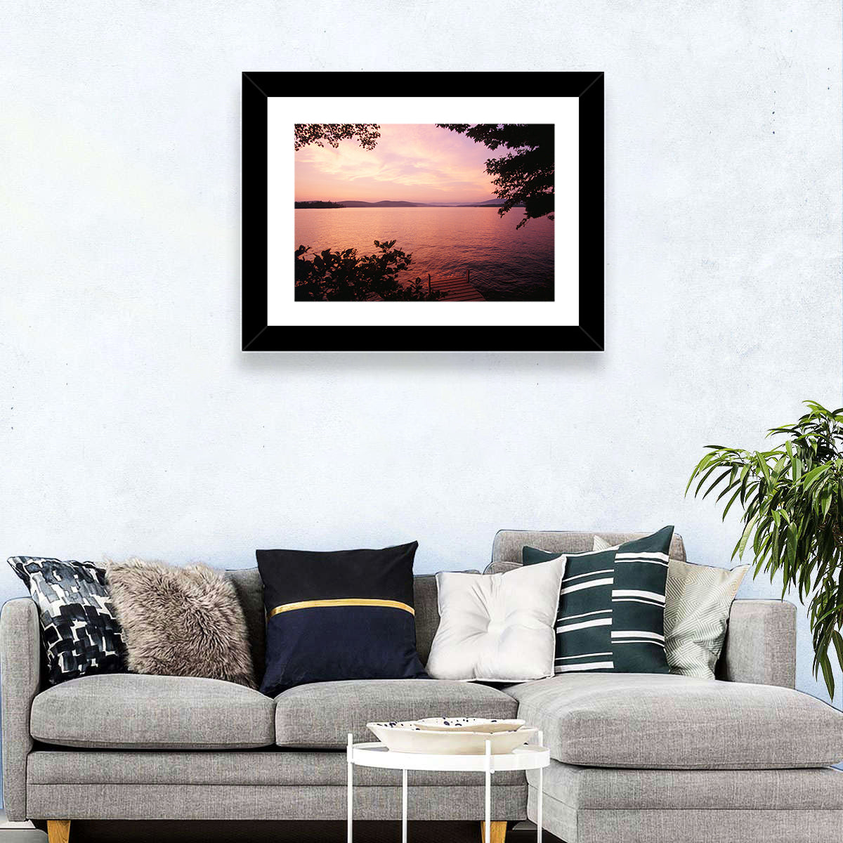 Lake Winnipesaukee Sunset Wall Art in a room, landscape