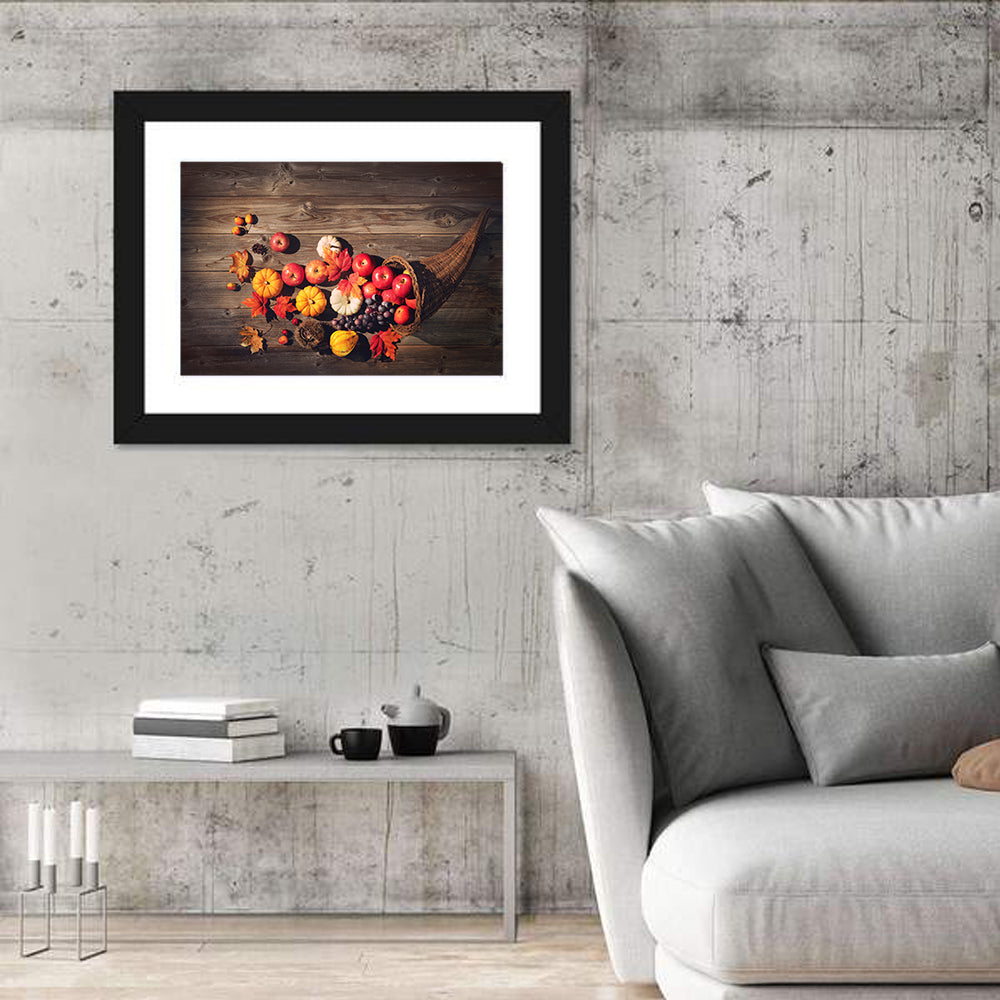 Thanksgiving Cornucopia Still Life Wall Art in a room, landscape