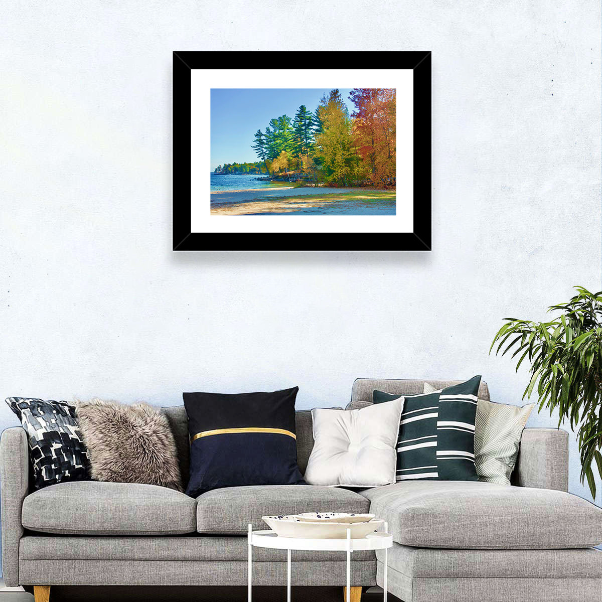 Sebago Lake Pier in Autumn Wall Art in a room, landscape