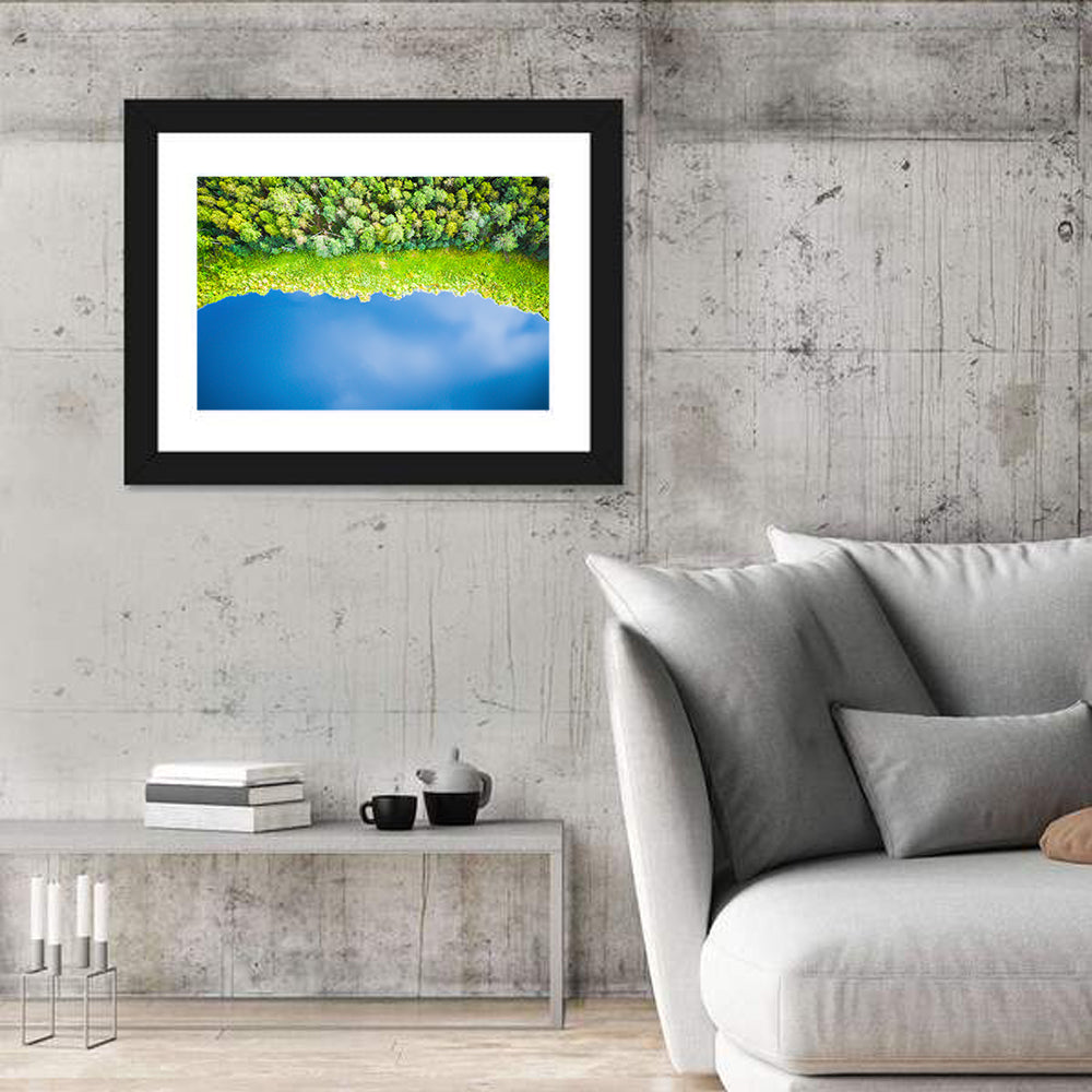 Aerial Blue Lake Over Woodland Wall Art in a room, landscape