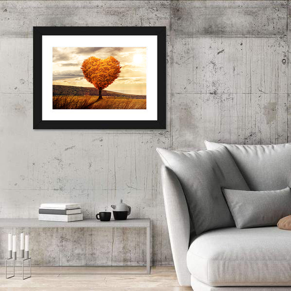 Heart Shaped Tree at Sunset Wall Art in a room, landscape