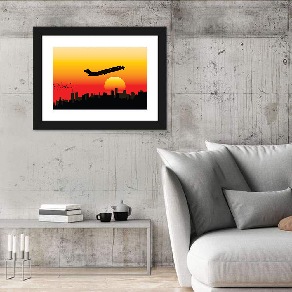 Airplane Over Sunset Skyline Wall Art in a room, landscape