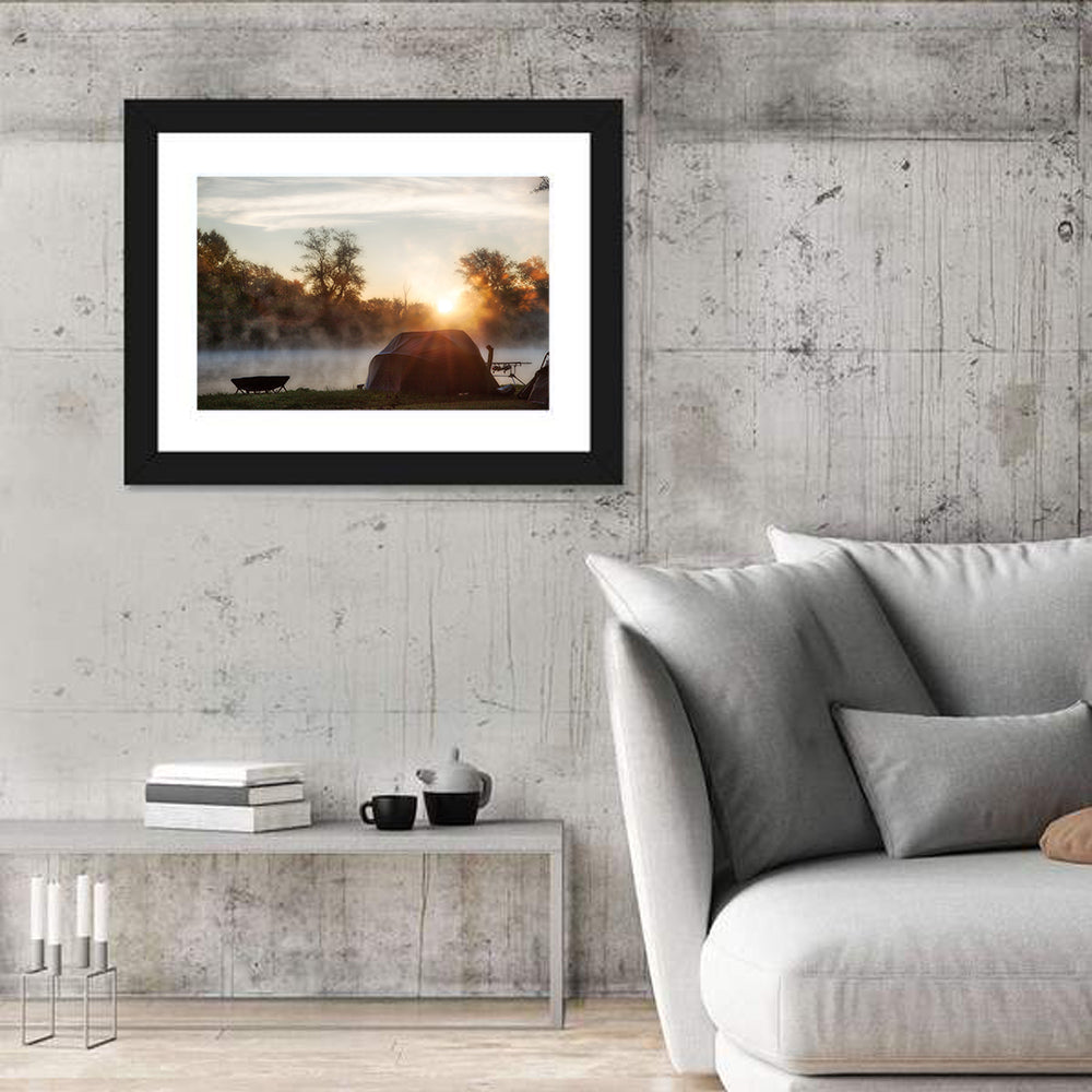 Fishing Tents at Sunrise Wall Art in a room, landscape