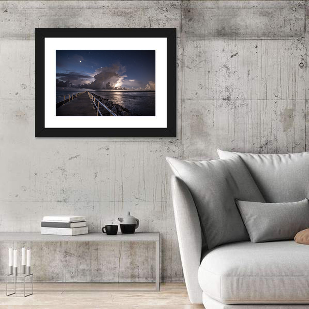 Storm Clouds Over Pier Wall Art in a room, landscape