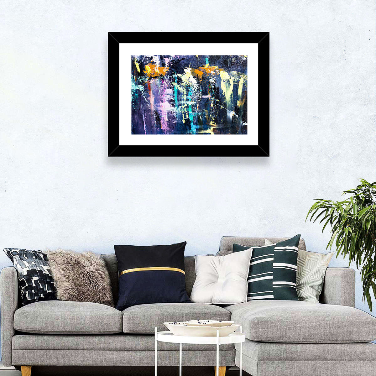 Impasto Waterfall in Blue and Purple Wall Art in a room, landscape