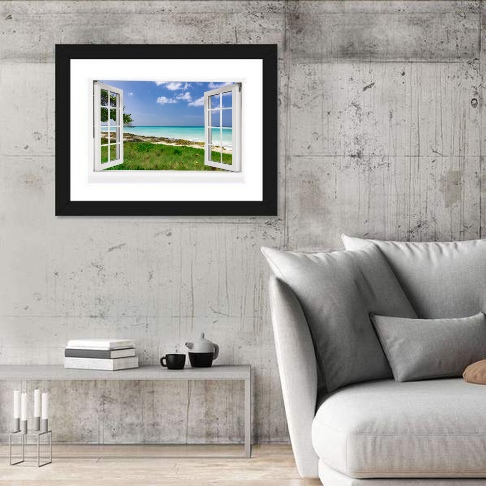 Gazebo on Pier Over Turquoise Ocean Wall Art in a room, landscape