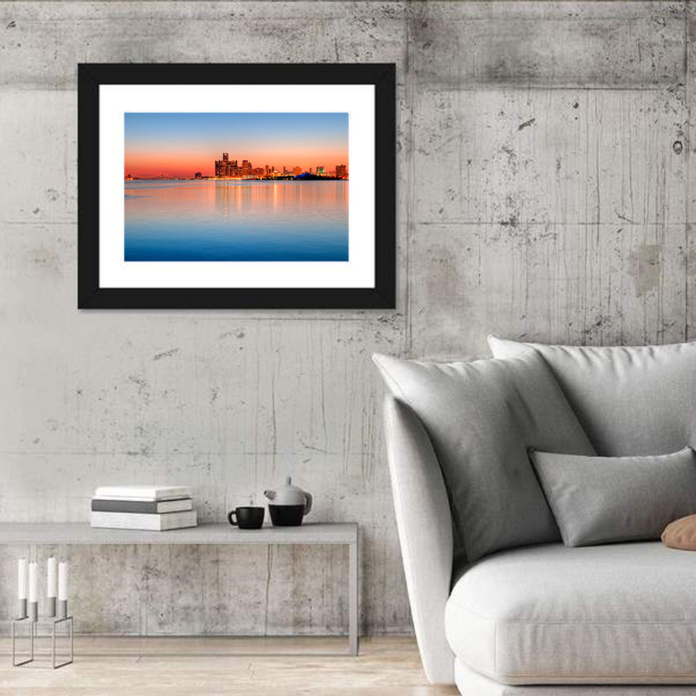 Detroit Golden Hour Skyline Wall Art in a room, landscape