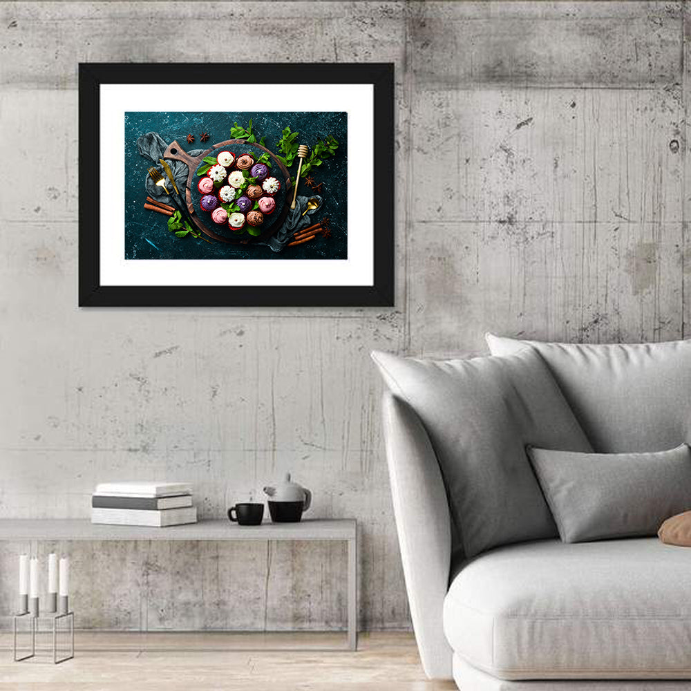 Cream Cupcakes Still Life Wall Art in a room, landscape