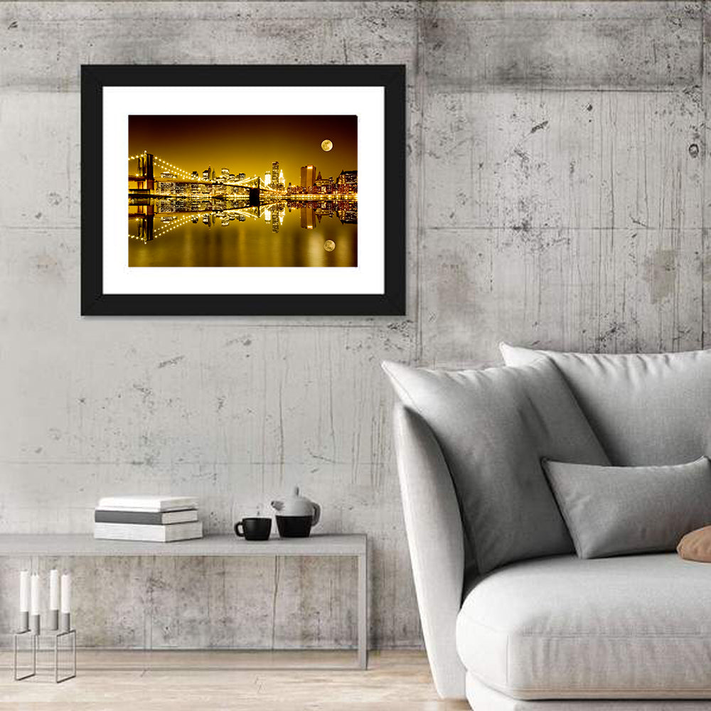Brooklyn Bridge Moonlit Reflection Wall Art in a room, landscape