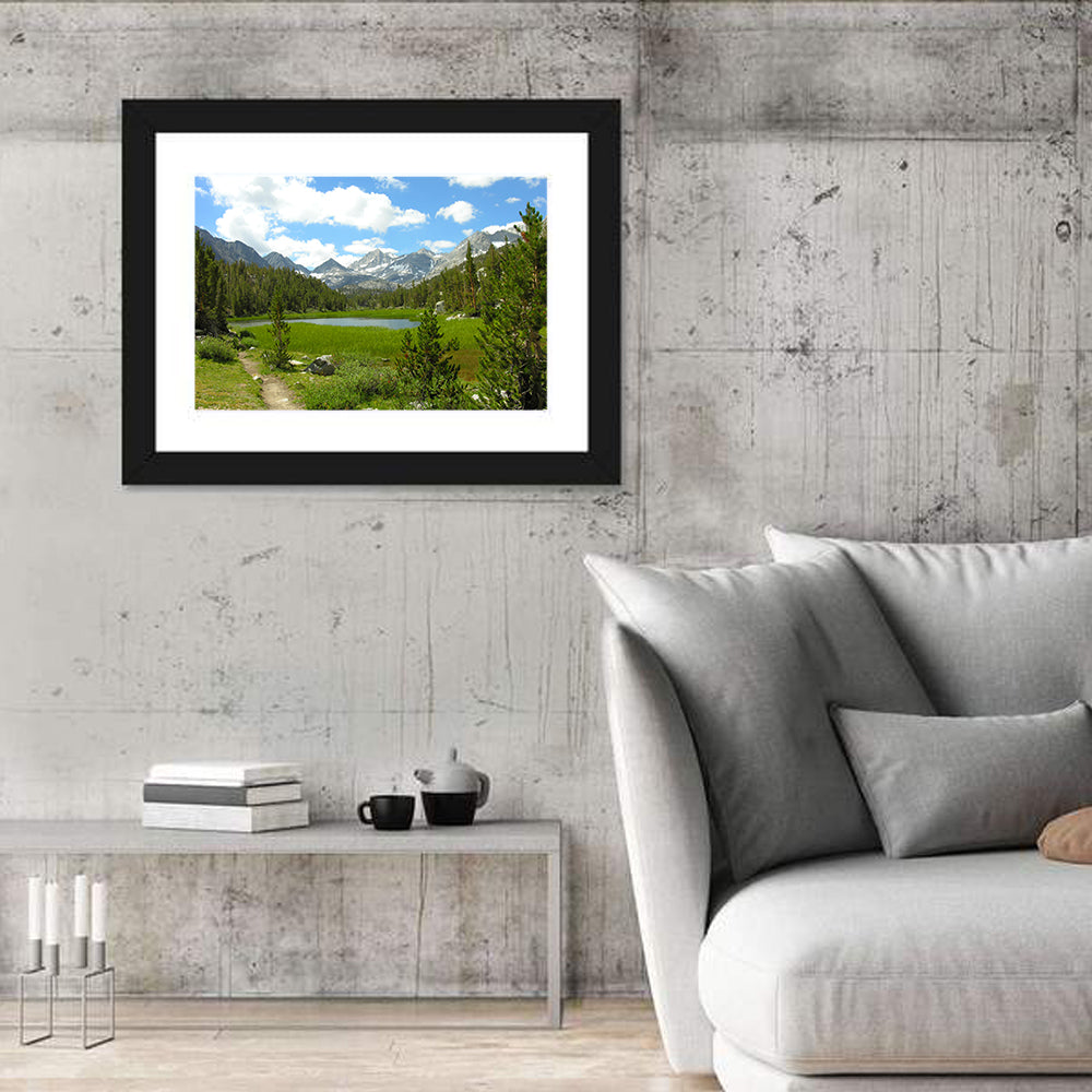 Sierra Nevada Trail to Snow Capped Peaks Wall Art in a room, landscape
