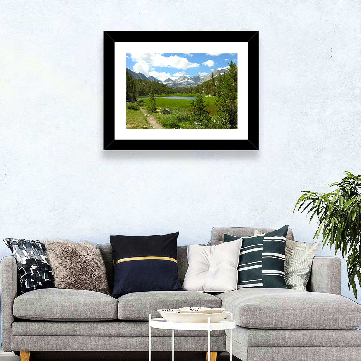 Sierra Nevada Trail to Snow Capped Peaks Wall Art in a room, landscape