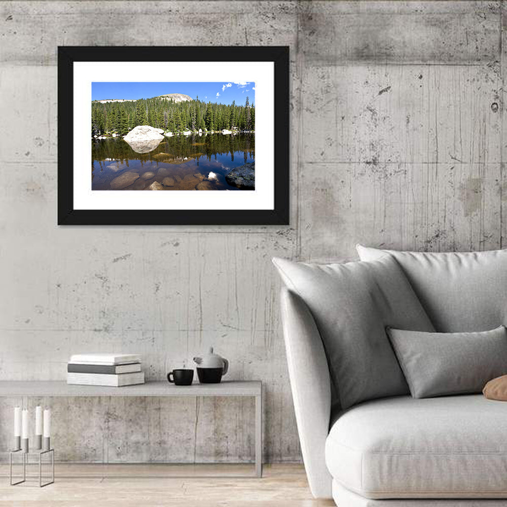 Colorado Forest Lake Reflection Wall Art in a room, landscape