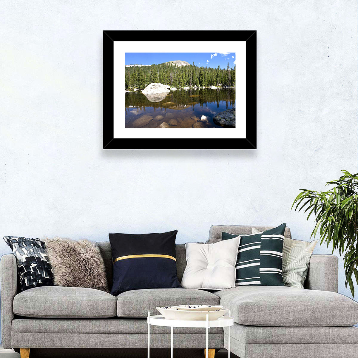 Colorado Forest Lake Reflection Wall Art in a room, landscape