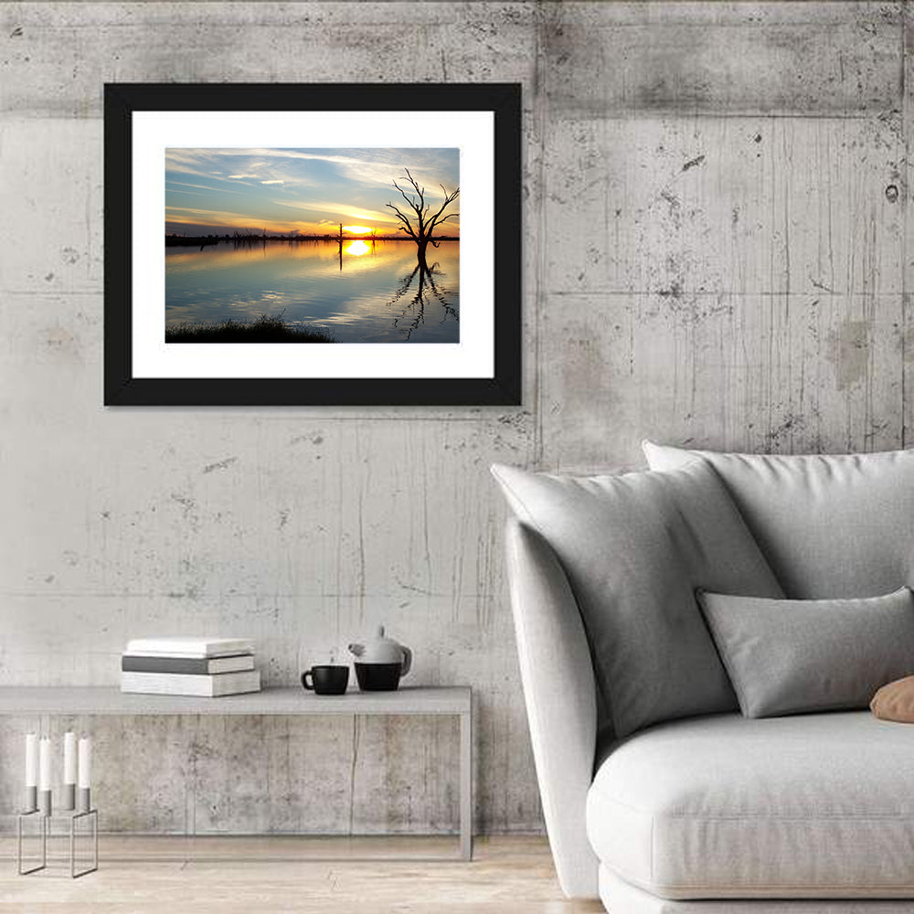Murray River Sunset Reflection Wall Art in a room, landscape