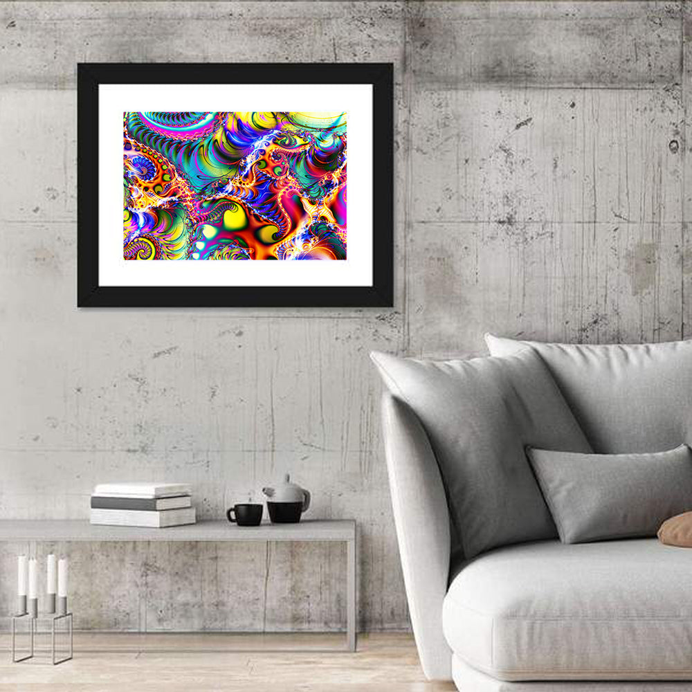 Chromatic Fractal Swirls Wall Art in a room, landscape
