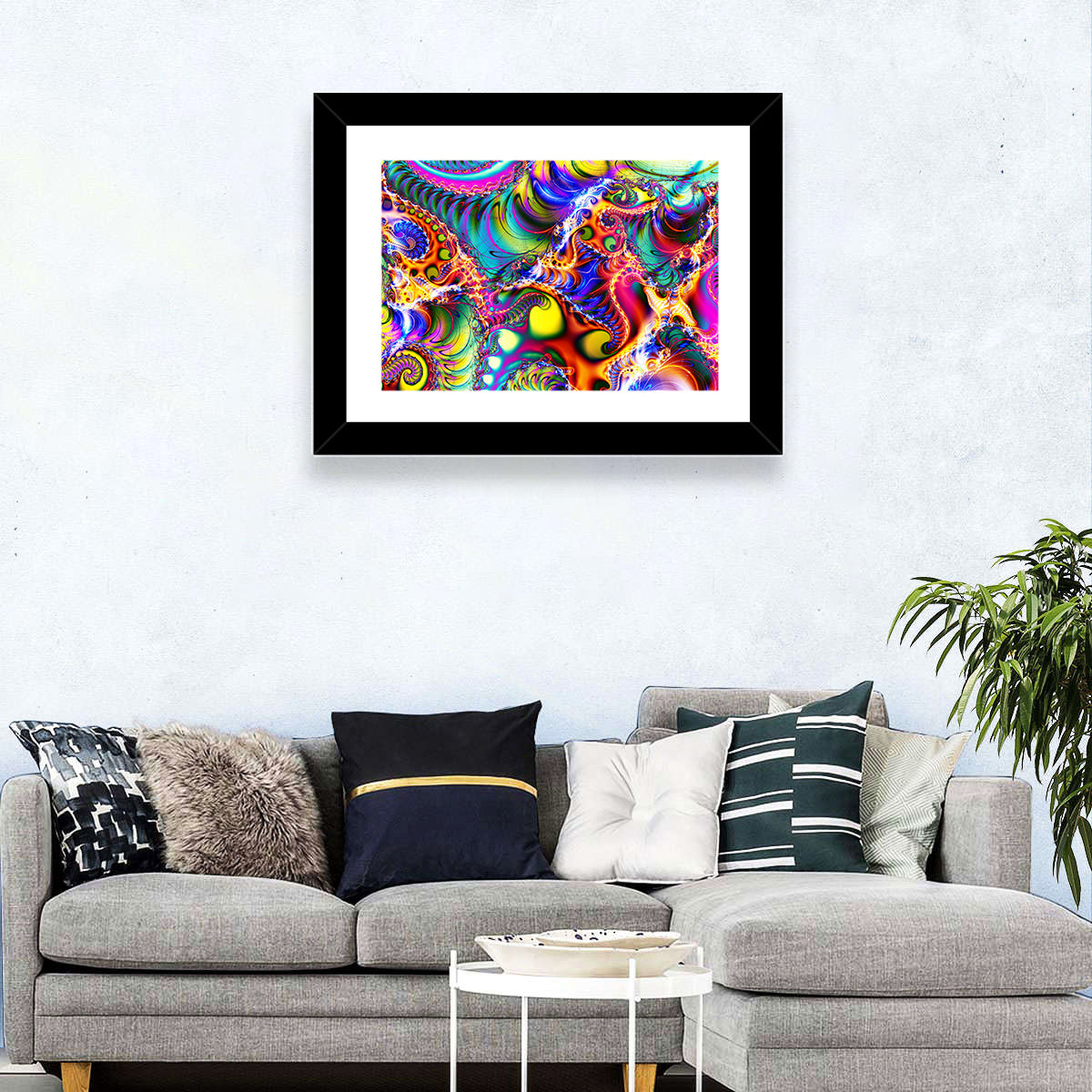 Chromatic Fractal Swirls Wall Art in a room, landscape