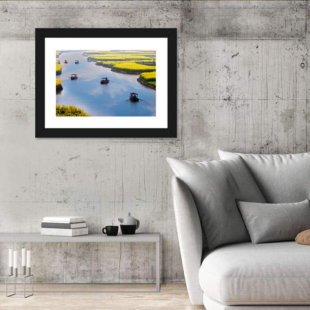 Spring River Rowboats in Rapeseed Fields Wall Art in a room, landscape