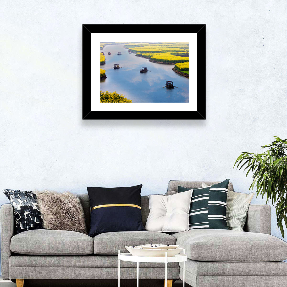 Spring River Rowboats in Rapeseed Fields Wall Art in a room, landscape
