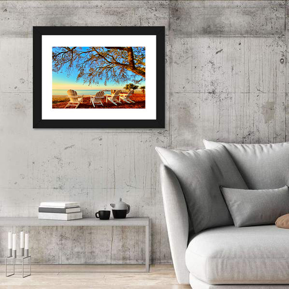 Mobile Bay Adirondack Chairs at Sunrise Wall Art in a room, landscape