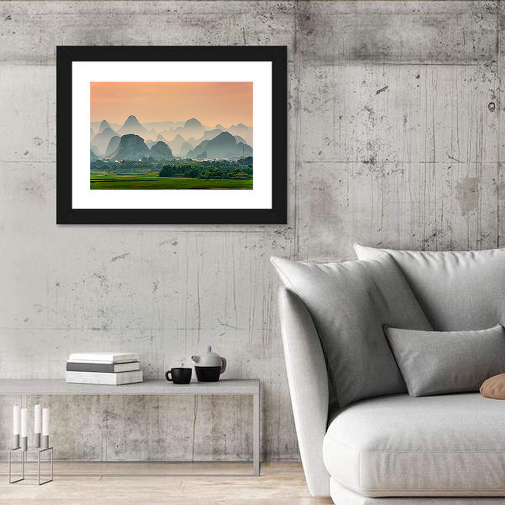 Misty Karst Mountains Wall Art in a room, landscape