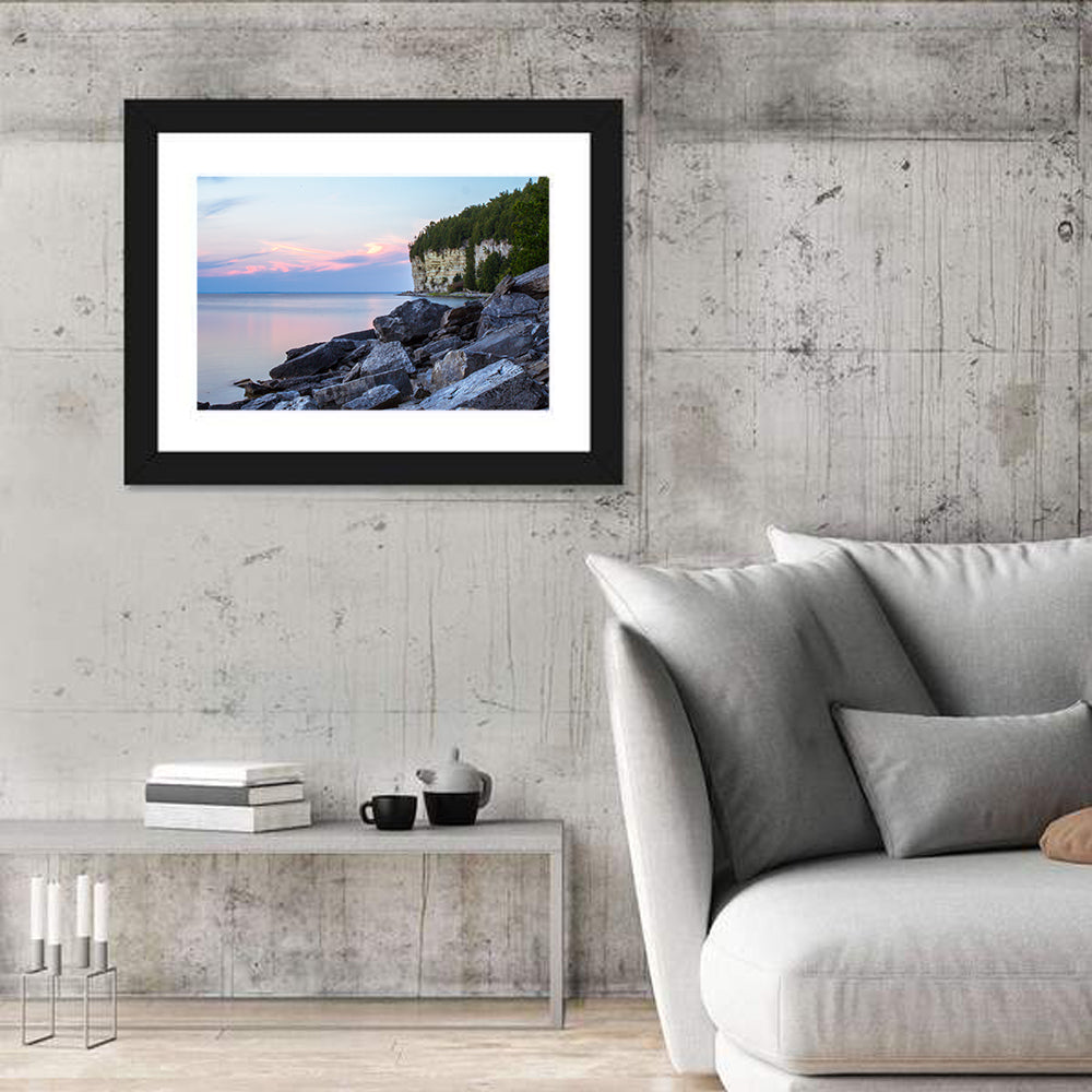Lake Michigan Sunset Cliffs Wall Art in a room, landscape