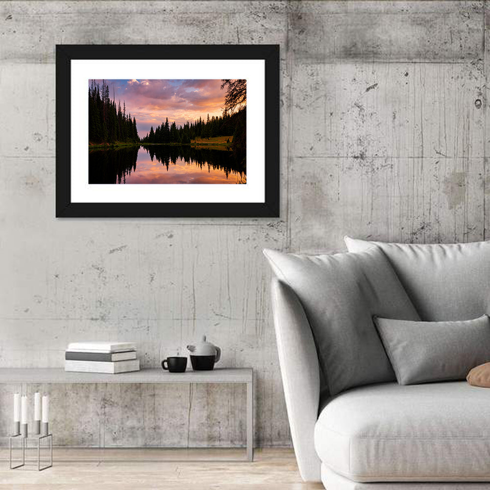 Lake Irene Sunset Reflection Wall Art in a room, landscape