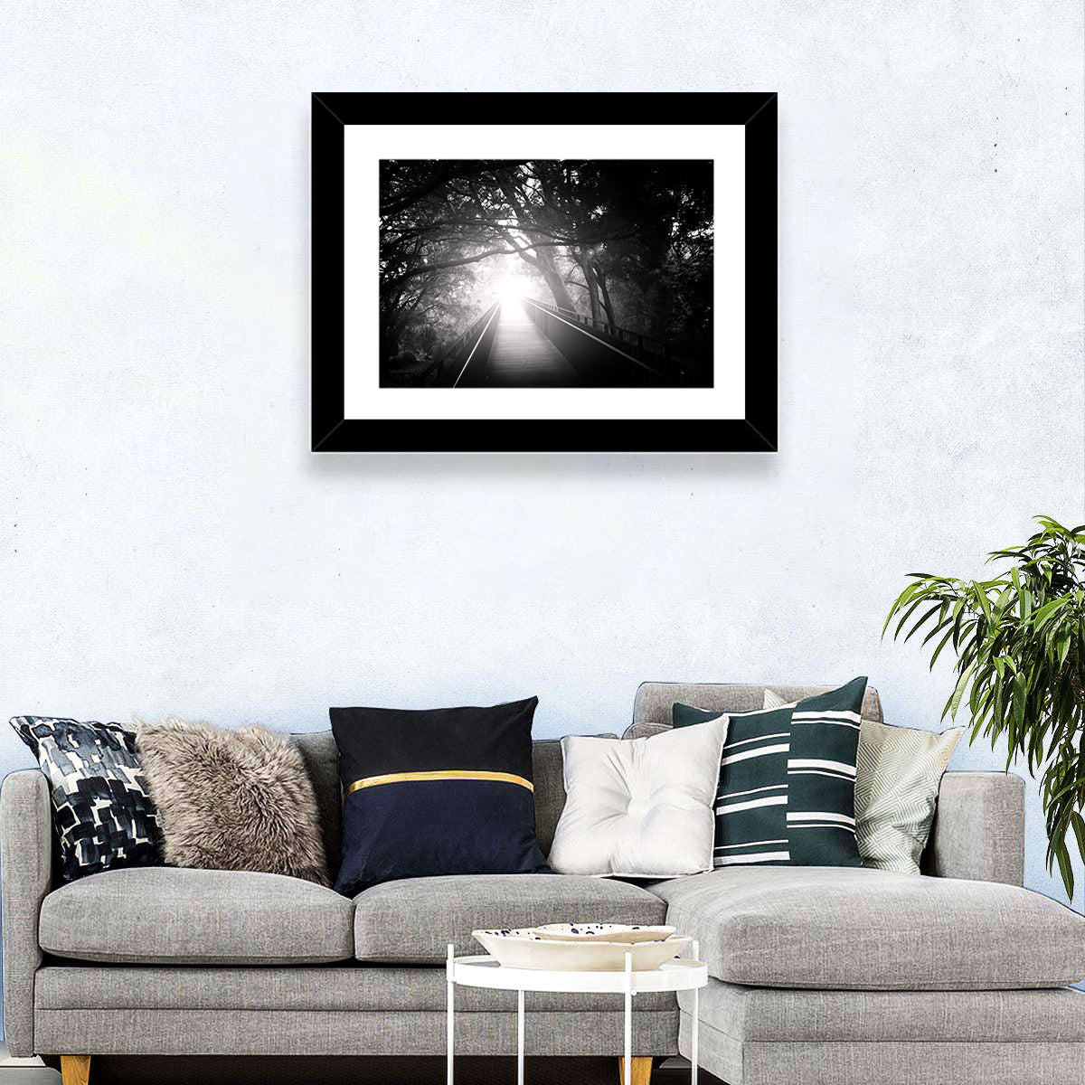 Foggy Forest Bridge Wall Art in a room, landscape