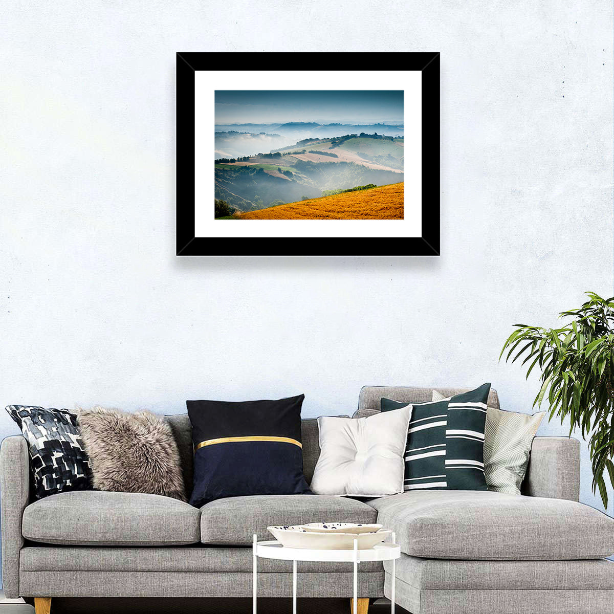 Morning Mist Over Tuscany Wall Art in a room, landscape