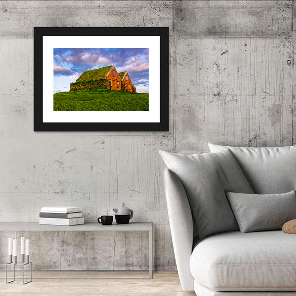 Icelandic Turf Houses at Dusk Wall Art in a room, landscape