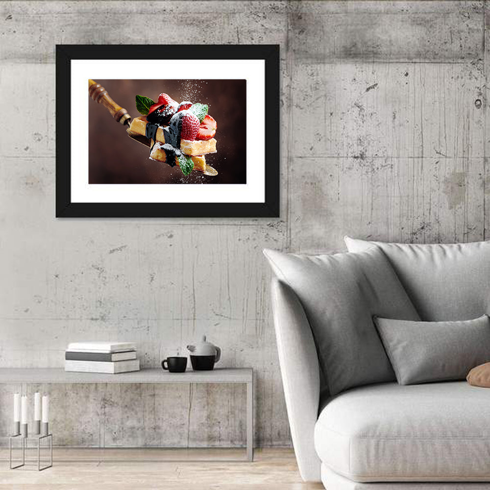 Chocolate Drizzle Waffles with Strawberries Wall Art in a room, landscape