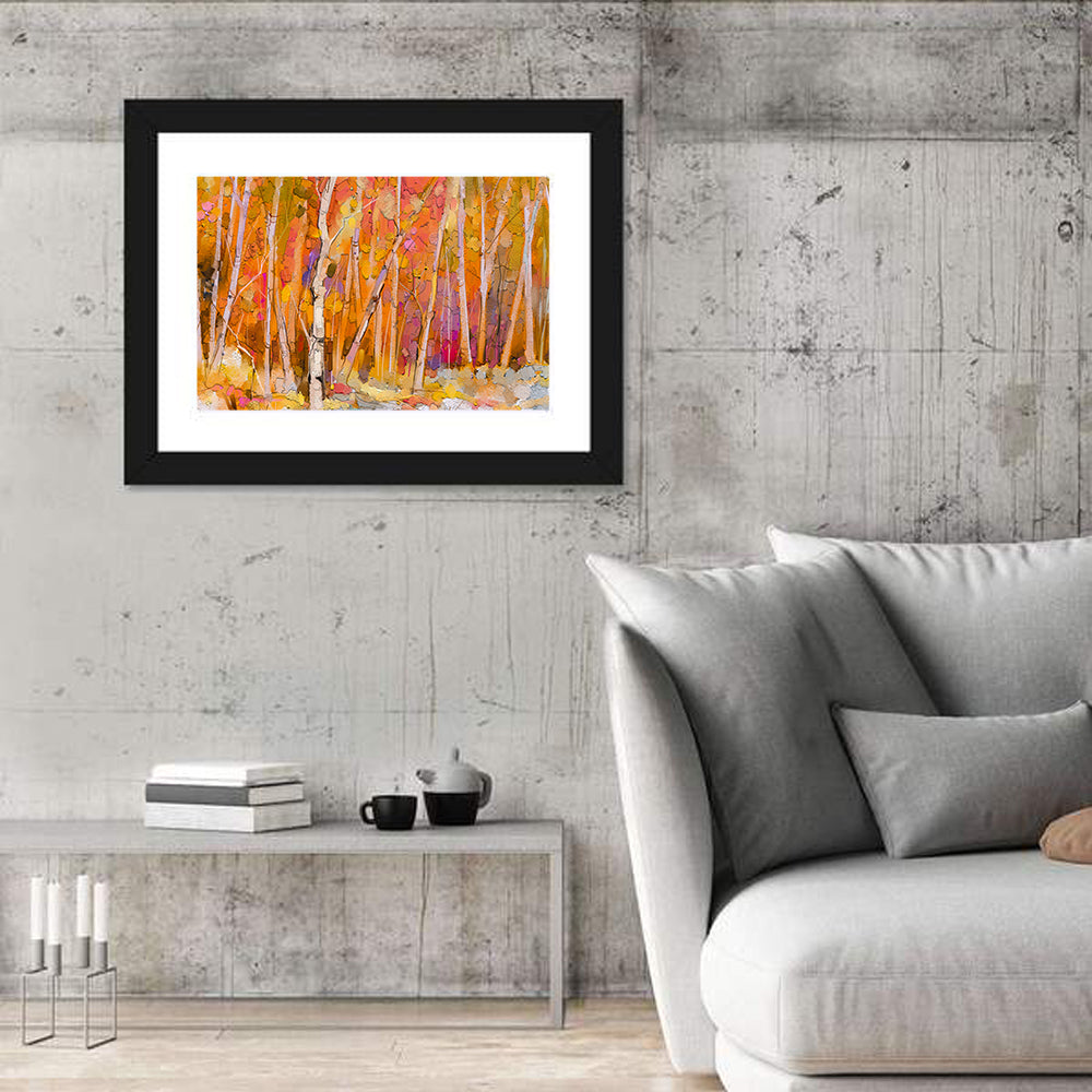 Autumn Birch Grove Painting Wall Art in a room, landscape