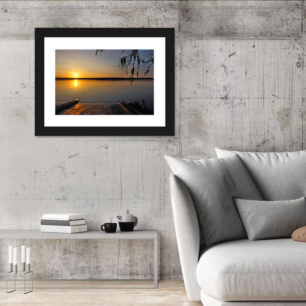 Lake Conroe Sunset Reflection Wall Art in a room, landscape