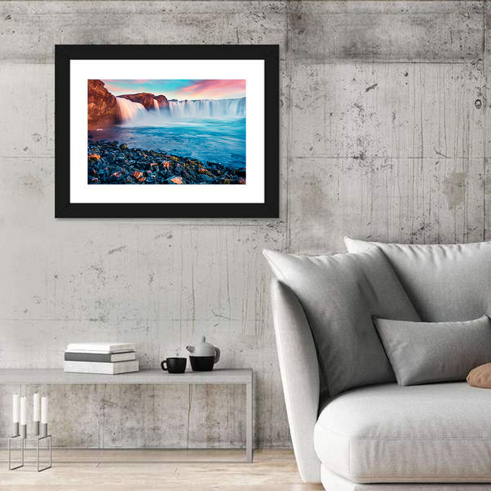 Goðafoss Waterfall at Sunset Wall Art in a room, landscape